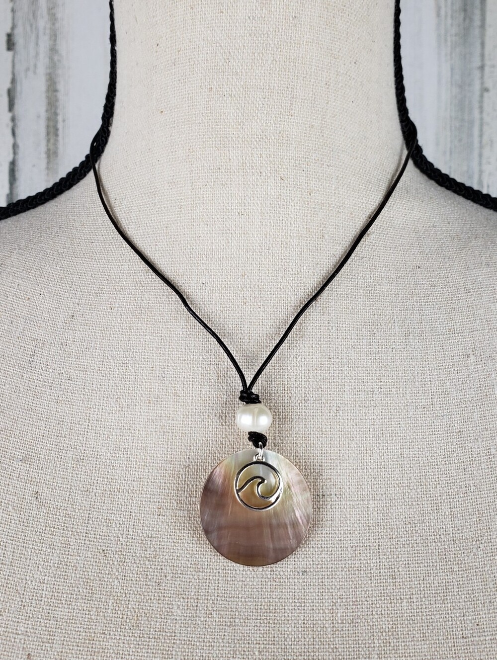 Pearl and Mother-of-Pearl Wave Pendant Necklace - Black Cord